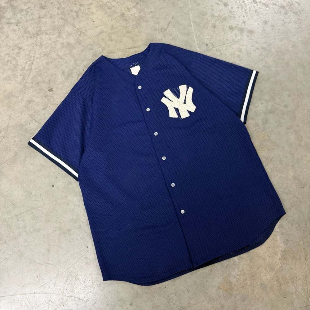 Vintage New York Yankees Navy Blue Mesh Button-Up Baseball Jersey